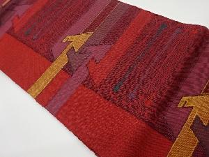 リサイクル　手織り真綿紬横段に幾何学模様織出し名古屋帯